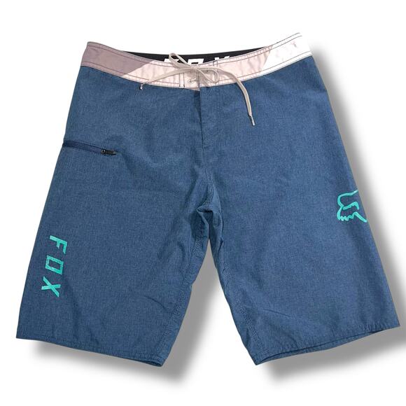 Fox Mens Board Shorts Swimsuit Swimming Trunks Tie Front Zip Pocket Blue Sz 32 - Picture 1 of 11